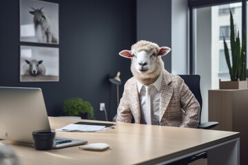 a sheep in a white shirt with a tie sits at the office desk, a sheep in the office with a tie
