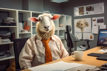 a sheep in an orange shirt with a tie sits at the office desk, a sheep in the office with a tie