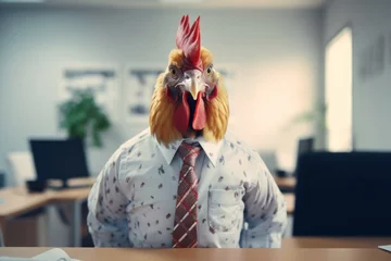 Foto op Canvas a rooster in a blue shirt with a tie sits at the office desk, a chicken in the office with a tie © vasyan_23