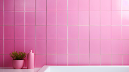 Pink ceramic tile wall or floor background. Design wallpaper copyspace