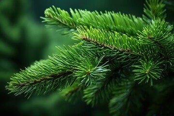 Fototapeta na wymiar Christmas spruce, green fir twig closeup. Xmas pine tree branch 