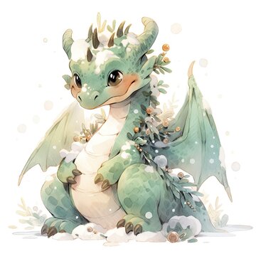 Fantasy cute green dragon isolated on white background. New Year 2024 watercolor cartoon illustration. Christmas concept