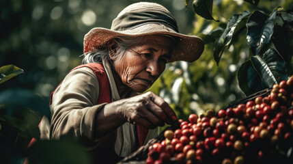 Symbolic representation of Peruvian coffee farmers during the harvest season. - obrazy, fototapety, plakaty