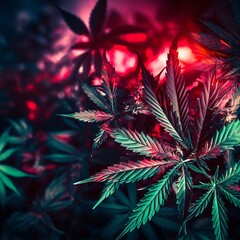 colorful red cannabis leaf background with lighting, Generative Ai