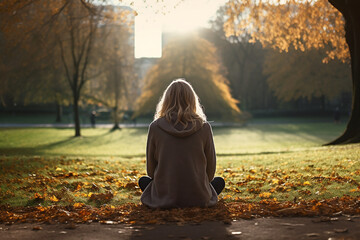 woman sitting on ground in autumn park
