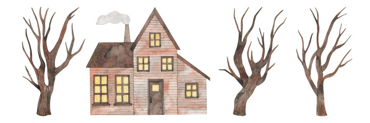 Watercolor illustration of a cozy old house in autumn colors. Hand drawn. Trees without leaves.