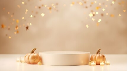 Stone pedestal with pumpkins and light beige background. Product display Halloween design, minimal mockup template.