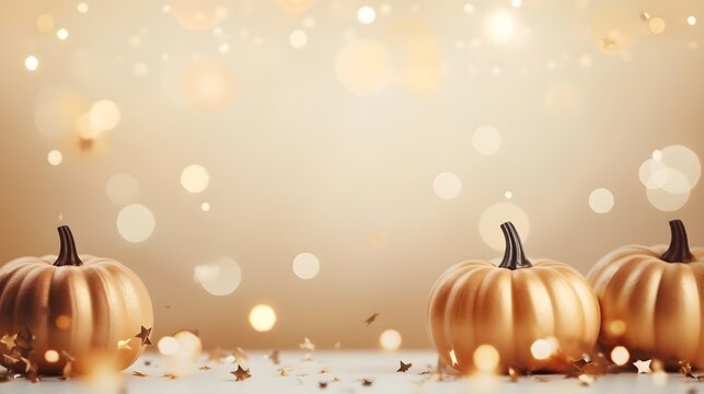 Halloween pumpkins with golden confetti and bokeh. Festive light beige background.