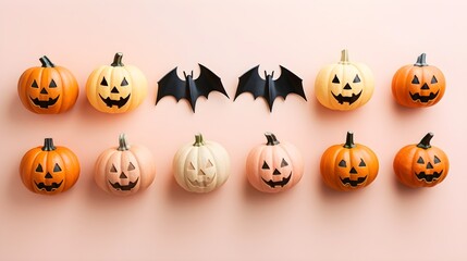 Naklejka premium Orange pumpkins on a table, minimal flat lay background.