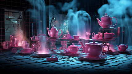 a mesmerizing photo featuring an algorithmic tea party, where binary-coded cakes fill the table in a symphony of patterns and shapes, their binary digits forming intricate designs, while teapots pour 
