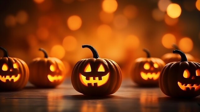 Halloween pumpkins with bokeh and copy space. Festive dark background.
