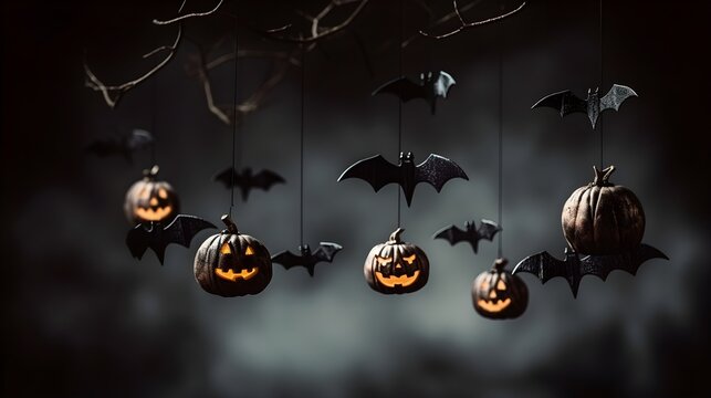 Halloween pumpkins in the air with golden confetti and bokeh. Festive background.