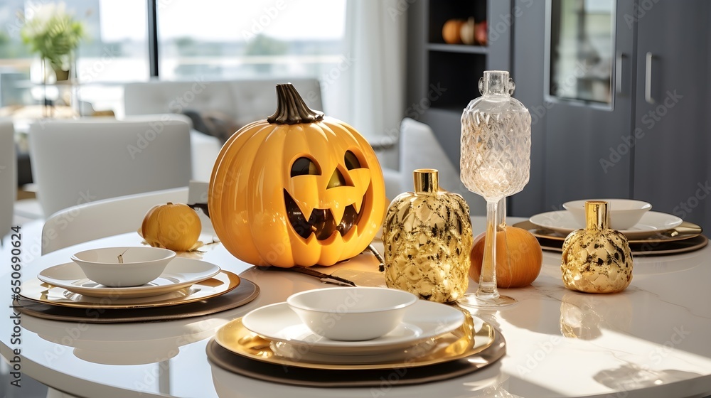 Wall mural halloween pumpkin decorations on a table. modern bright kitchen.