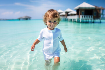 Little Child in UPF Wear Emerges from Maldivian Ocean