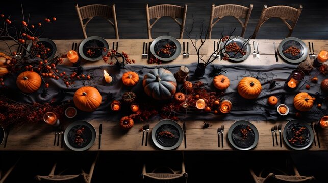 Table decorated with autumn pumpkins, party creative image.