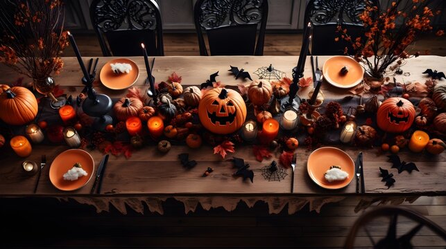 Table decorated with Halloween pumpkins, party creative image.