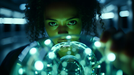 a female medical researcher observes a bioluminescent biosensor reacting to pathogens in real-time, underscoring the fusion of biology and photonics for rapid disease detection. - obrazy, fototapety, plakaty