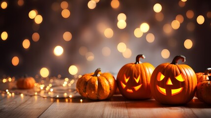 Halloween pumpkins with bokeh and copy space. Festive dark background.