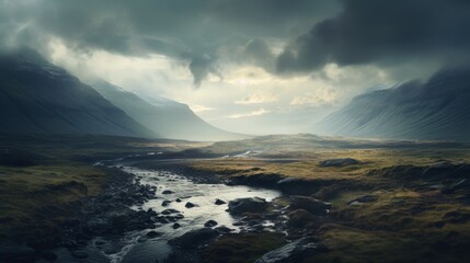 valley between mountains with rainy clouds and creek flowing