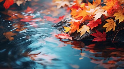 autumn leaves reflected in water. close up shot on the water drop