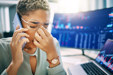 Frustrated woman, phone call and headache in trading, fail or mistake from stock market crash at...