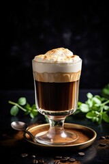 A glass of Irish coffee on brown background.