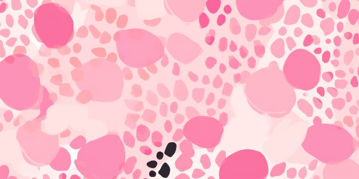 Fabric pattern has a hand-drawn polka dot doodle design in a Barbie pink color palette. Background texture like dalmatians or leopard patches, painted in watercolor. The perfect baby girl or birthday.