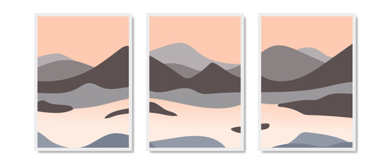 Abstract mountains and art background vector. Minimal style landscape, hills, clouds and fog. Wall design for home decor, wallpaper, prints.