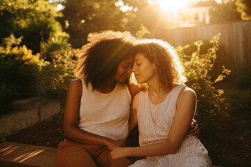Lesbian couple sitting and embracing at sunset