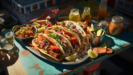 Taco, Mexican tortillas folded on themselves with various toppings