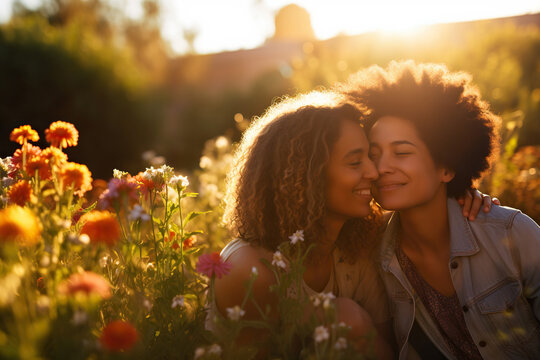 Biracial lesbian couple sitting and embracing in garden at sunset