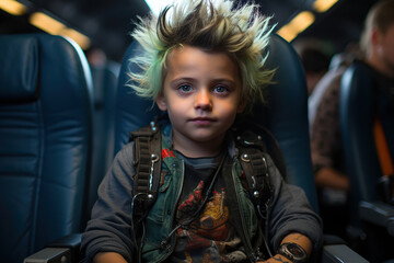 Fototapeta na wymiar Cute punk baby boy is flying on plane