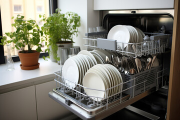 Dishwasher with clean dishes in the interior of the bright cozy kitchen of the apartment