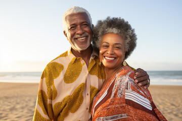 Happy African American senior woman embracing retired man from behind at beach - obrazy, fototapety, plakaty
