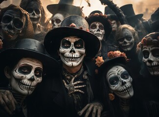 A group of people in costumes of the dead at the Dia de los Muertos festival