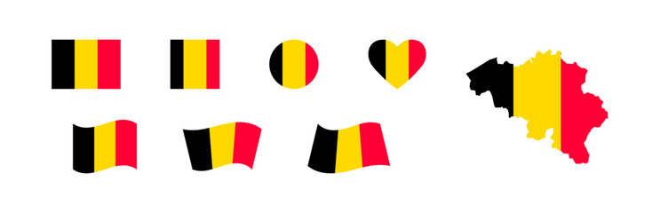 Belgium flag set and county map. Kingdom of Belgium national icon symbols. Isolated vector illustration