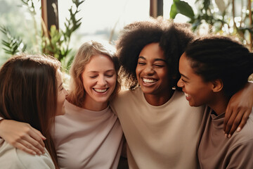 Supportive diverse female friends hugging each other at group therapy session