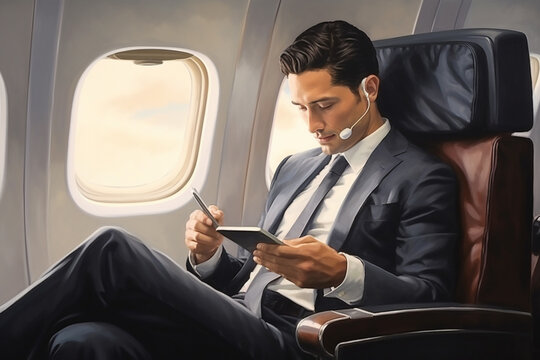 Bisinessman using mobile phone in private airplan jet.