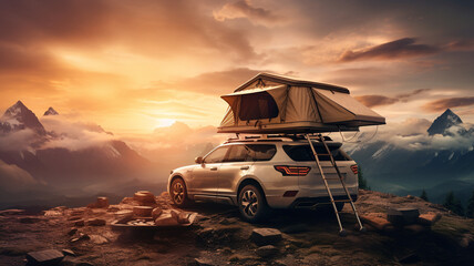 Top roof tent on camping car with mountain landscape view background. - obrazy, fototapety, plakaty