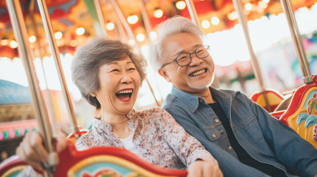 Senior couple at amusement park. Rides, food, fun retirement activity