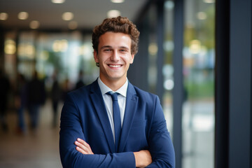 Fototapeta premium Portriat of smiling businessman in office background.