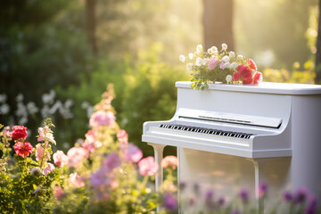 White piano with flowers in home garden with morning light background