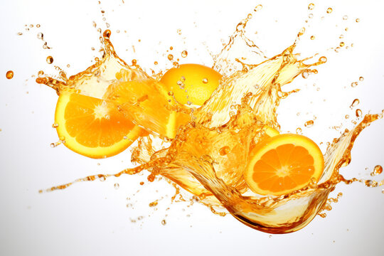 Splashing of orange juice with white background