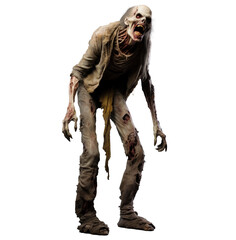 walking zombie in full height, png file of isolated cutout object with shadow on transparent background.