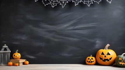 Halloween pumpkin decorations In the room with empty black chalk board. Black background with copy...