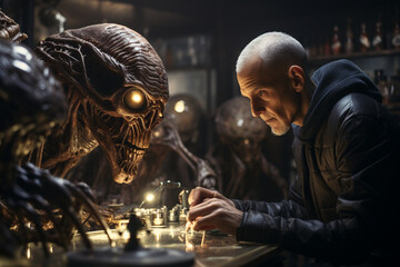 photo depicting an alien explorer examining human artifacts in a museum, sparking conversations about the mysteries of space and time