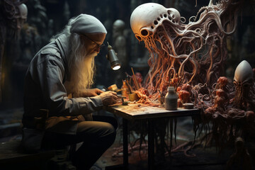 photo of an alien artist creating otherworldly art forms, inspiring humans with their unique and imaginative creations - obrazy, fototapety, plakaty