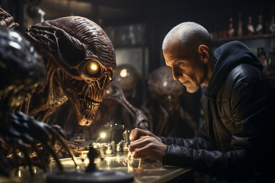 photo depicting an alien explorer examining human artifacts in a museum, sparking conversations about the mysteries of space and time