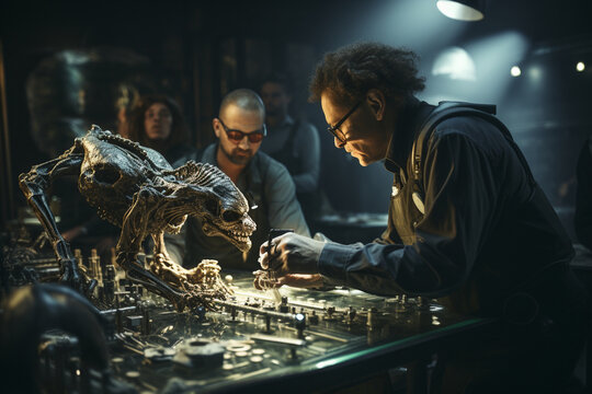photo depicting an alien explorer examining human artifacts in a museum, sparking conversations about the mysteries of space and time
