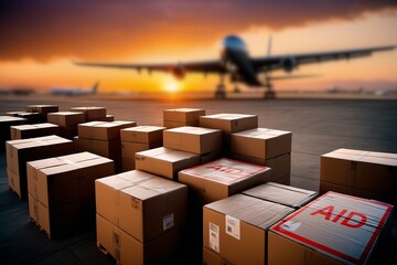 Fiktives Ereignis: Paletten mit Kartons voller Hilfsgüter an einem Flugplatz warten im Sonnenuntergang auf den weitertransport zu den Hilfsbedürftigen.
